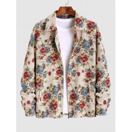 Men's Fashion Flower Jacquard Zip Up Pocket Turn Down Collar Long Sleeve Jacket