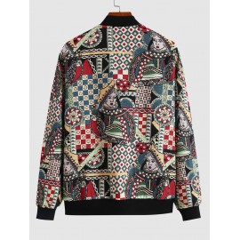 Men's Daily Stand Collar Playing Card Jacquard Zip Up Baseball Bomber Jacket Men's Daily Stand Collar Playing Card Jacquard Zip Up Baseball Bomber Jacket