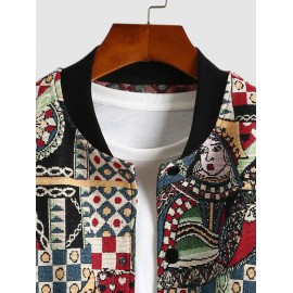 Men's Daily Stand Collar Playing Card Jacquard Zip Up Baseball Bomber Jacket Men's Daily Stand Collar Playing Card Jacquard Zip Up Baseball Bomber Jacket