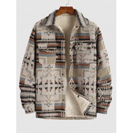 Men's Ethnic Woolen Geometric Aztec Print Shacket Pocket Fleece Lined Fluffy Jacket