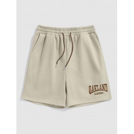 Letter OAKLAND Embroidery Fleece-lined Drawstring Blokecore Sweat Shorts