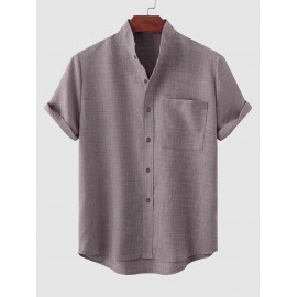 Solid Color Cotton Linen Textured Front Pocket Shirt